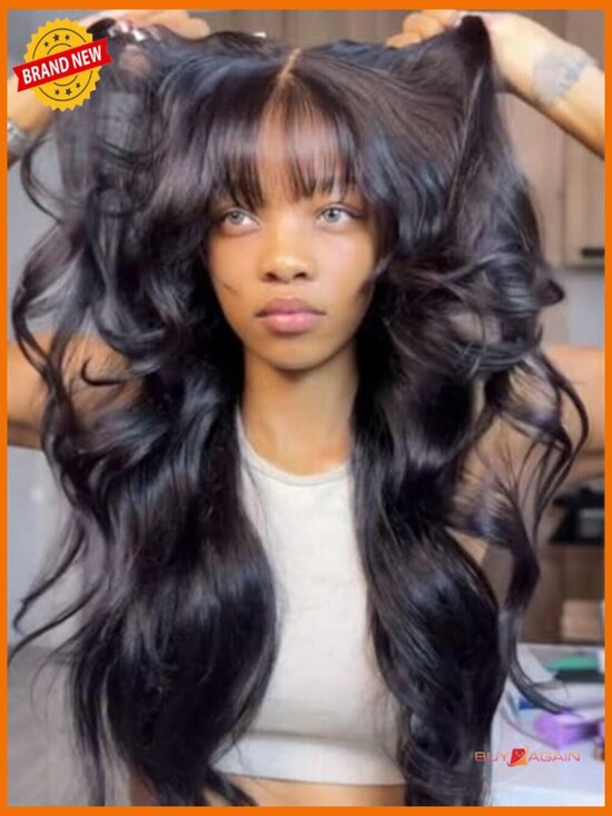 Glueless Body Wave Wig with Curtain Bangs 7x5 Lace Front 180% Density